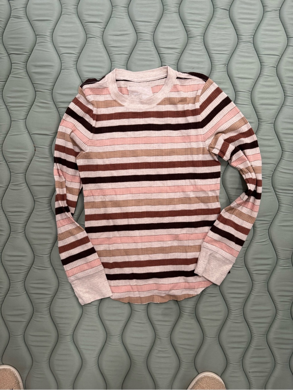 aerie Striped Ribbed Long-Sleeve Tee in Pink, Brown & Cream